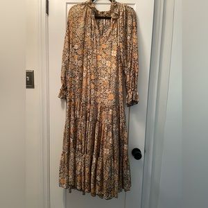 Free People goldish-orange print long sleeve maxi. Size XS